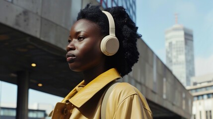 African woman in yellow jacket and headphones standing in front of city building, travel and fashion concept