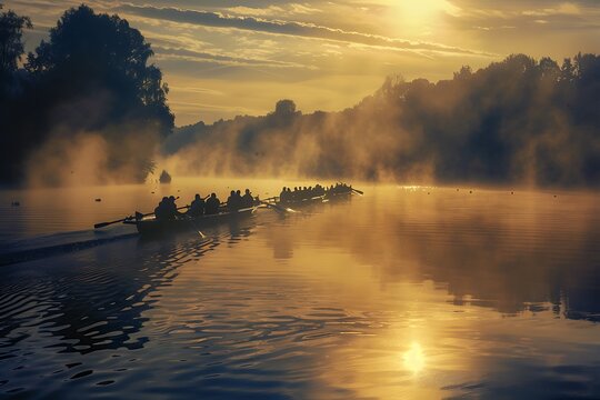 Rowing boats racing on a misty lake at dawn, leaving trails of steam in their wake.
