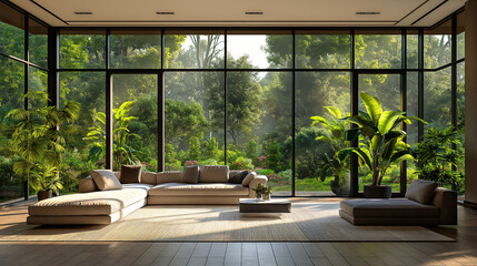 Fototapeta premium a modern living room with beige colors in front of a huge window looking into a beautiful garden, photorealistic,