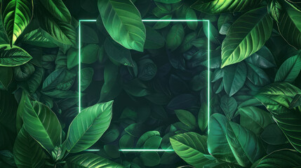 Fototapeta premium neon green frame enhancing dark leafy background for vibrant design