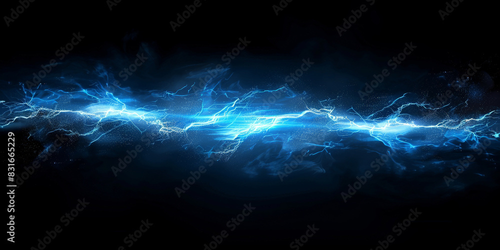 Poster powerful electric current with vibrant blue lightning bolts arcing across a dark background creating