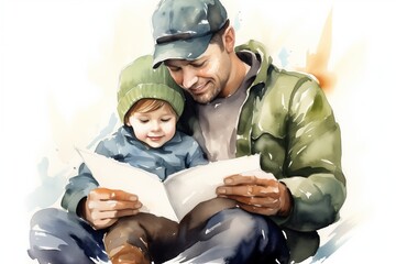 Watercolor father and child reading