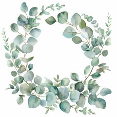 Minimalist Watercolor Eucalyptus and Greenery Wreath on White Background