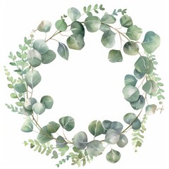 Minimalist Watercolor Eucalyptus and Greenery Wreath on White Background