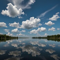 A crystal-clear blue sky with scattered white clouds over a tranquil lake, reflecting the serene sky perfectly