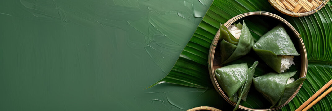steamed zongzi rice dumplings wrapped in bamboo leaves on a rustic wooden background with copy space