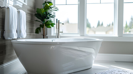A large white bathtub sits in a bathroom with a window and a potted plant