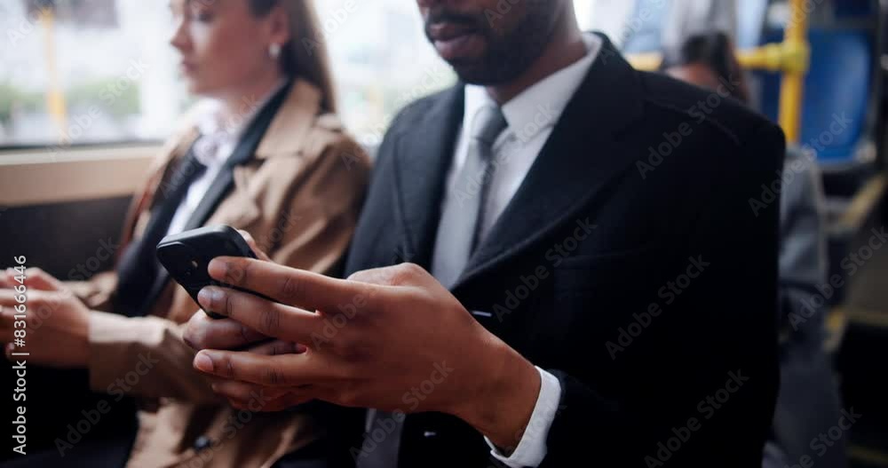 Aufkleber business, man and phone on bus with communication for mobile chat, text message and morning commute 