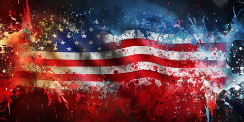 Abstract American flag with dynamic paint splatters in vibrant red, white, and blue colors showcasing artistic expression