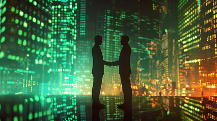 Business Professionals Shaking Hands Against Neon Lit Cityscape