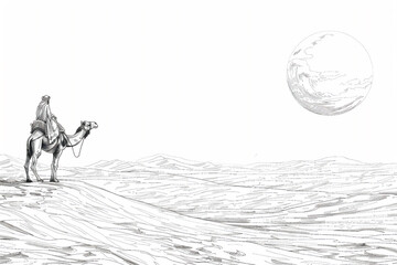 Coloring pages of arabian man on camel in the desert against the sun. Islamic illustration.
