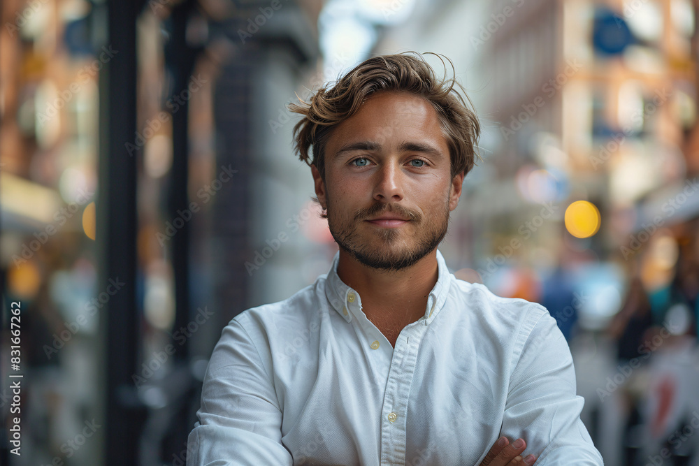 Canvas Prints Handsome Young Caucasian Man in a White Shirt Standing Confidently on a Busy City Street