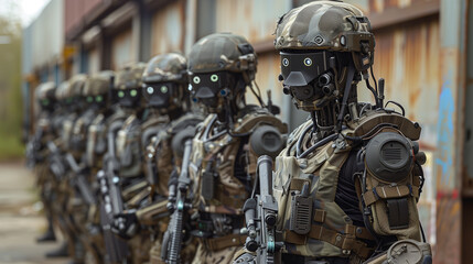 Fototapeta premium Hi tech AI army robots in uniform.
