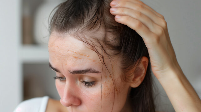 Hair loss in women. Woman showing a thinning scalp.