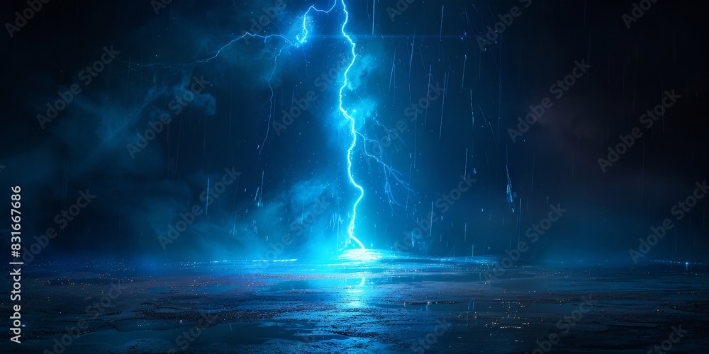 Poster powerful electric current with vibrant blue lightning bolts arcing across a dark background creating