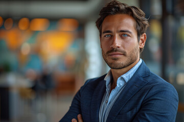 Fototapeta premium Elegant Young Caucasian Man in a Blue Suit Standing with a Confident Expression Indoors