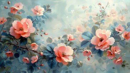 A retro floral background illustration featuring vintage wallpaper with delicate floral motifs in soft pastel hues of pink and blue. 