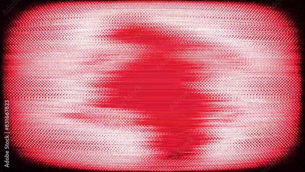 Poster television or computer screen with heavy distorted red images, flickering, glitches and static effec