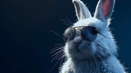 white rabbit in a blue background with sunglasses with copyspace 