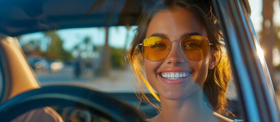 A joyful woman wearing yellow sunglasses smiles brightly while driving a car, enjoying a sunny day outdoors