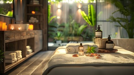 Luxury spa interior with massage table, candles, and essential oils. Relaxing and serene atmosphere in a modern wellness center. Spa and relaxation concept for design and print