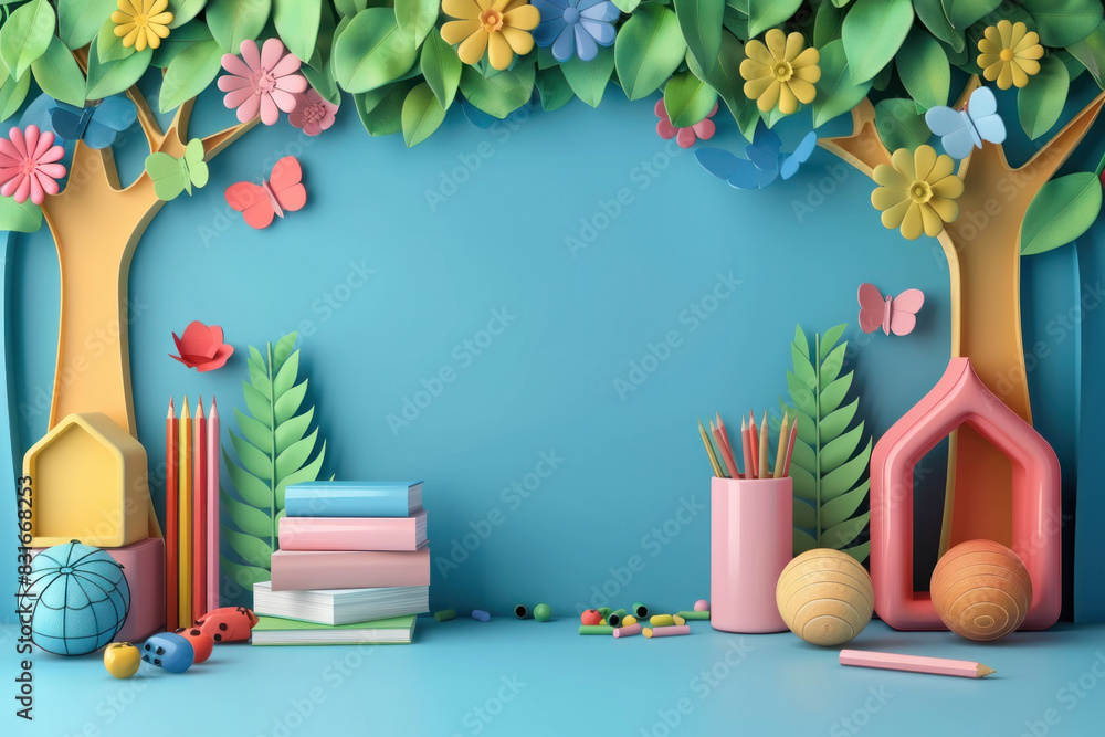 Poster a blue background with a tree and butterflies. a pink and yellow house is in front of the tree. ther