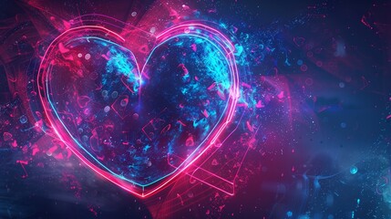 Conceptual digital heart in space environment - A digital heart surrounded by cosmic elements evokes feelings of love, adventure, and discovery in a cyberpunk style