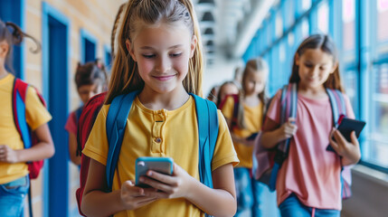 Wireless devices in use in school hallways. Young students using mobile gadgets while walking to class.
