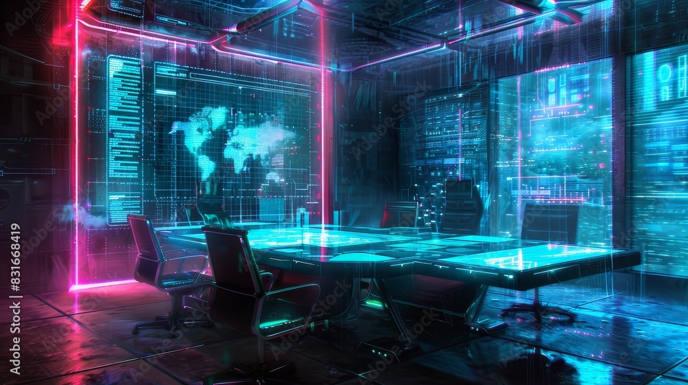 Poster advanced holographic display in high-tech room - a high-tech control room with holographic displays 