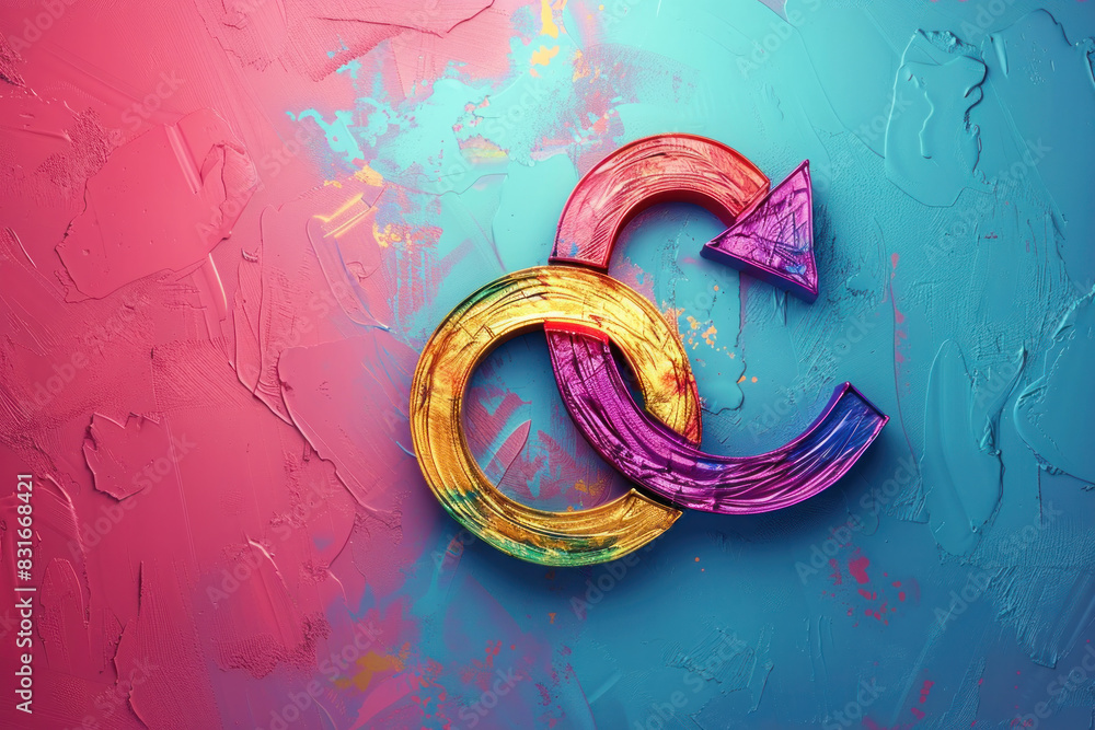 Poster a colorful arrow pointing to the right is on a blue background. the arrow is made up of two circles,