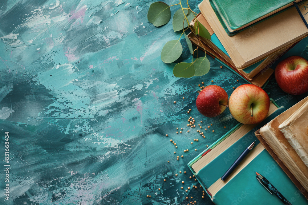 Poster A blue background with a green leaf and apples on it. The apples are red and there are two of them. There are also two books on the table