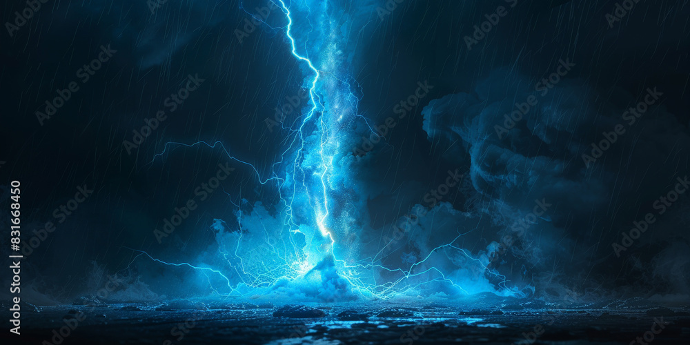 Poster powerful electric current with vibrant blue lightning bolts arcing across a dark background creating