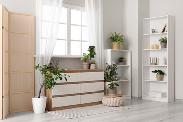 Interior of modern room with houseplants, window, shelving unit and chest of drawers