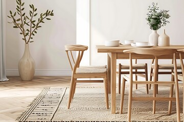 Scandinavian dining room with a light wood dining table and chairs, a woven rug with geometric patterns, and a vase filled with greenery on the table.