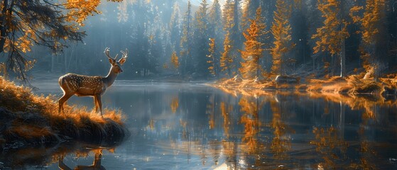 A serene image of a deer standing by a tranquil forest lake, surrounded by tall pine trees...