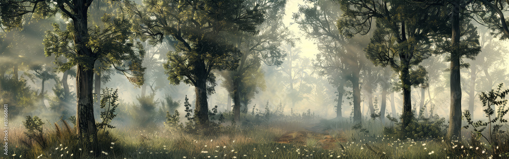 Poster panoramic landscape of a misty enchanted forest - a panoramic view of a mystical forest with sunligh