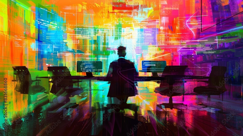 Poster vibrant abstract rendering of office workspace - a single figure works at a computer in a vivid abst