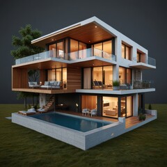 Modern home cross section, 3d rendering minimalist