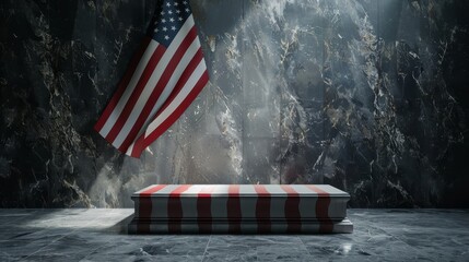 Casket draped with the American flag - A solemn and respectful image featuring a casket draped with the American flag in a dimly lit, marble interior