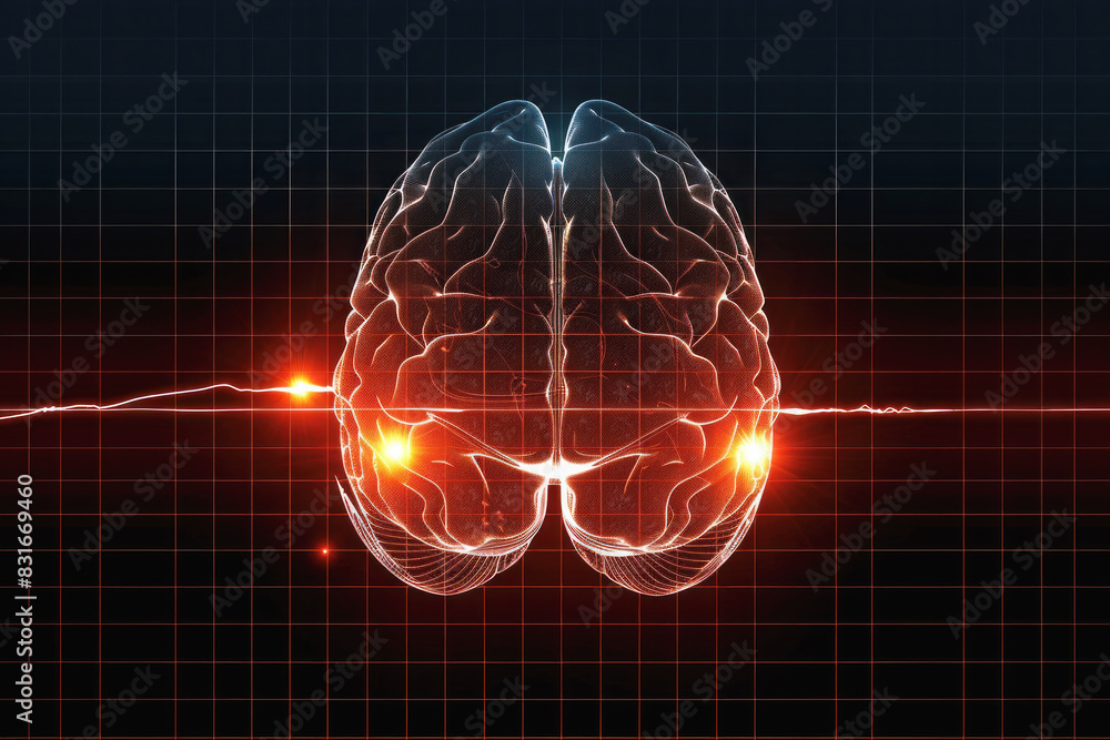 Poster a brain with red and orange lights surrounding it. the brain is surrounded by a grid of squares