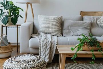 Scandinavian living room with cozy knitted throws draped over a light grey couch, a wooden coffee table with a minimalist lamp, and plants in woven baskets.
