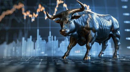 Obraz premium a bull statue standing in front of a stock chart. Concept of market bullish