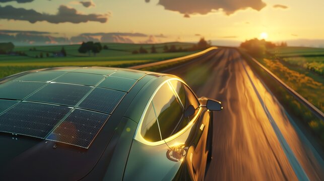 Solar panels on the roof of an electric car driving along highway with green field landscape at sunset. Green energy concept, photorealistic