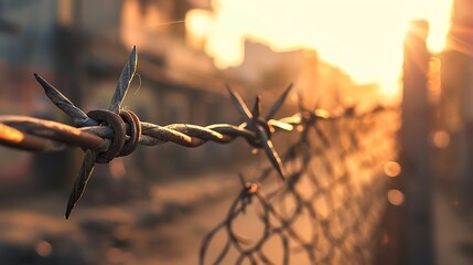 Rustic barbed wire fence on the street with a blurred background in the golden hour light. Aesthetics of urban life in an Indian city at sunset. Background for a design concept of care and security - Powered by Adobe