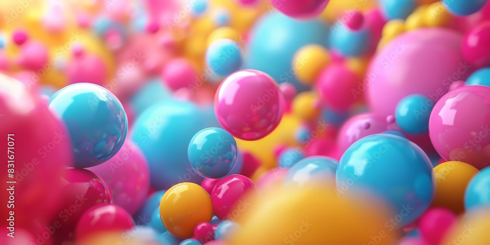 Poster colorfull background with colorful spheres, balloons and pink blue yellow color.colorful floating sp