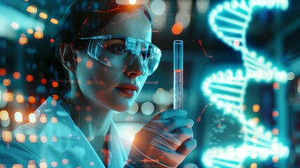 Photo of female scientist holding test tube with DNA double helix in the background, hologram in a high tech lab interior, double exposure, science and technology