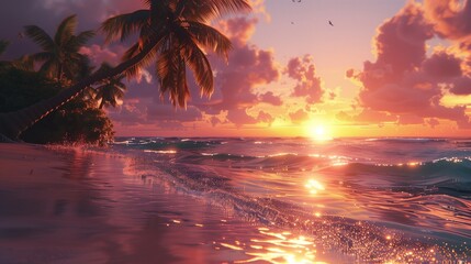 a tropical beach at sunset with palm trees, calm waves, and vibrant colors,
