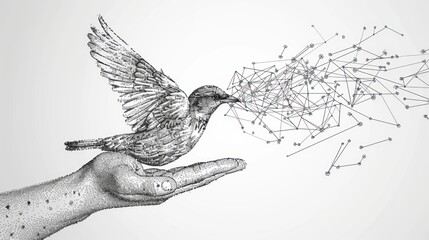 The particles, geometric art, line and dot of bird flying out of hand. - Powered by Adobe