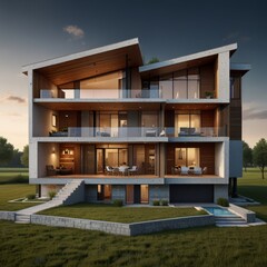 Modern home cross section, 3d rendering minimalist