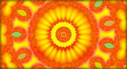 An abstract, vibrant, and symmetrical pattern emanates from the center, showcasing a kaleidoscope of mottled warm hues reminiscent of fiery petals.